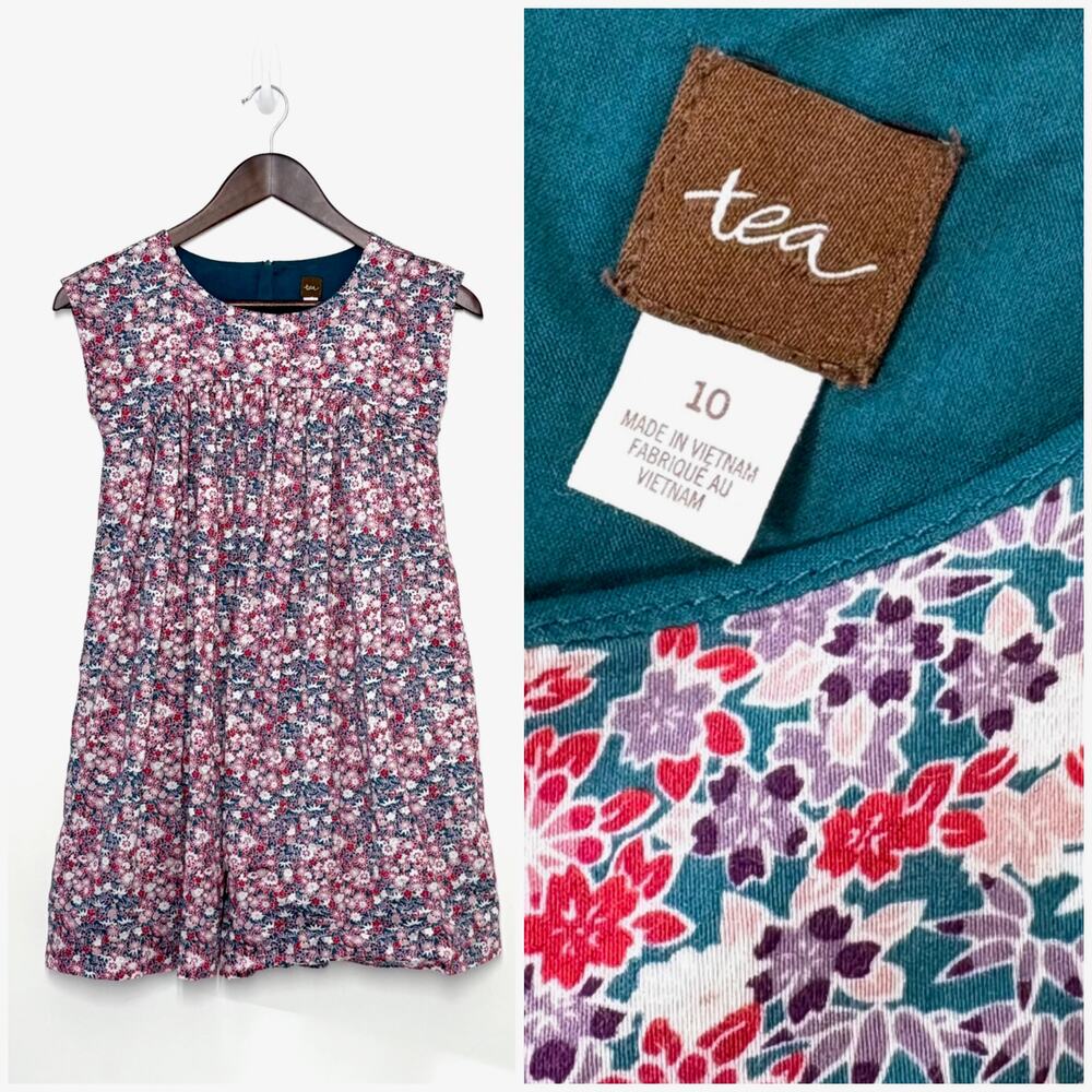 Tea Collection Sleeveless Floral Dress Girls 10 Pink Teal Woven 100% Cotton